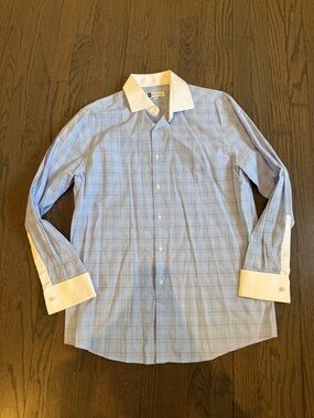 Light Blue Plaid Dress Shirt with White Contrast Collar and Cuffs